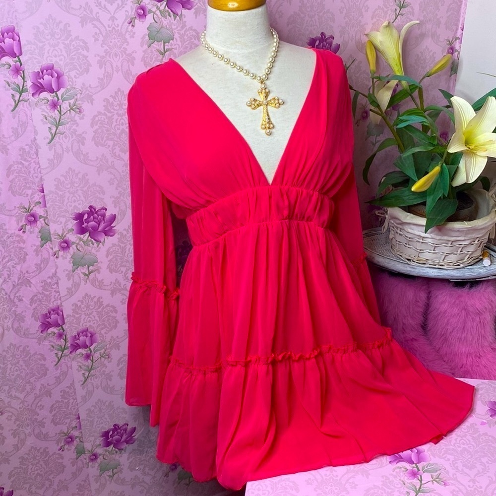 🌹 Retro Flare Bell Sleeve Ruffle Chiffon Babydoll Dress 🌹 NWT
